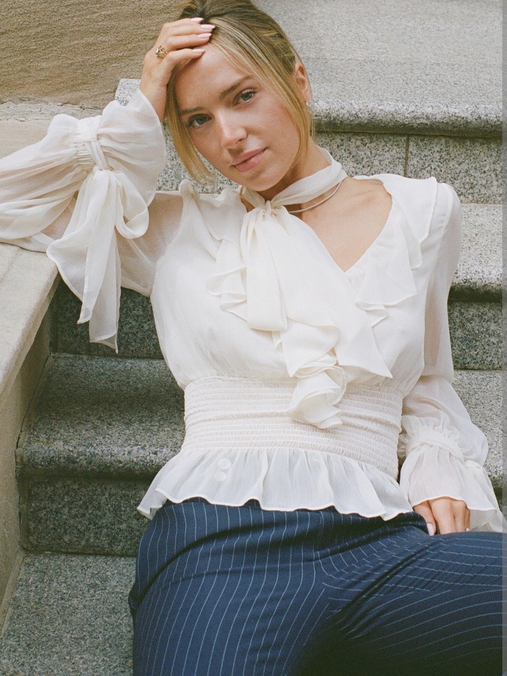 Few Moda X Greta Louise Tome Ruffled Tie-Neck Chiffon Blouse in Cream